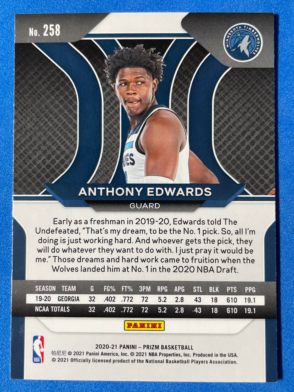 (NM) 2020-21 Panini Prizm RC Rookie Anthony Edwards #258 Base